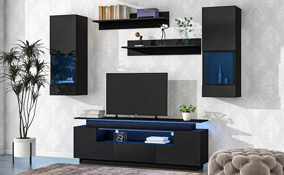 5-Piece Modern Black Floating TV Stand Set with LED Lights