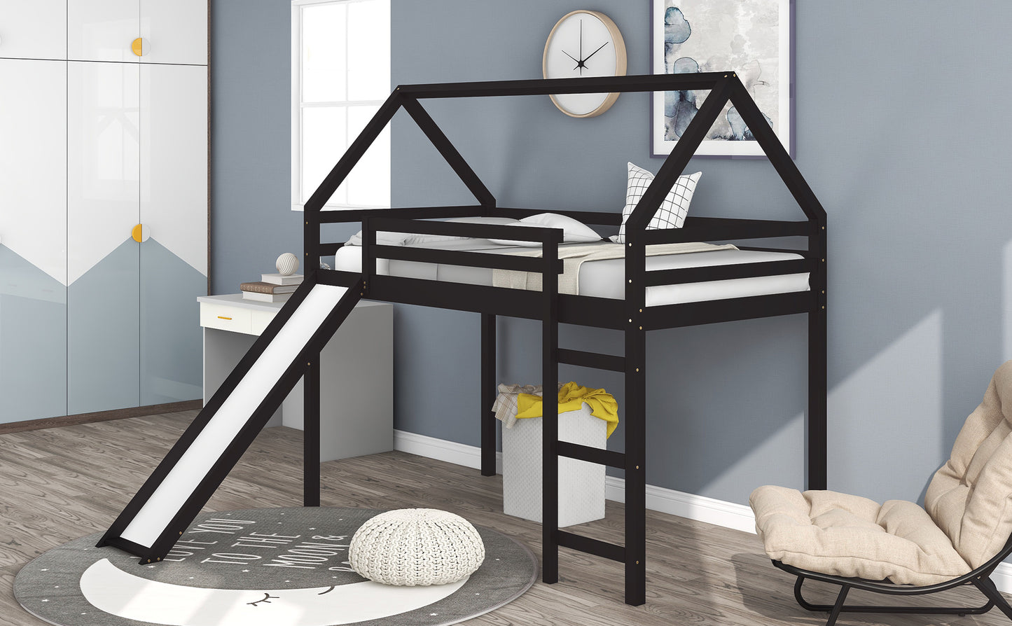 Twin Size Loft Bed with Slide, House Bed with Slide,Espresso( :WF281158AAP)