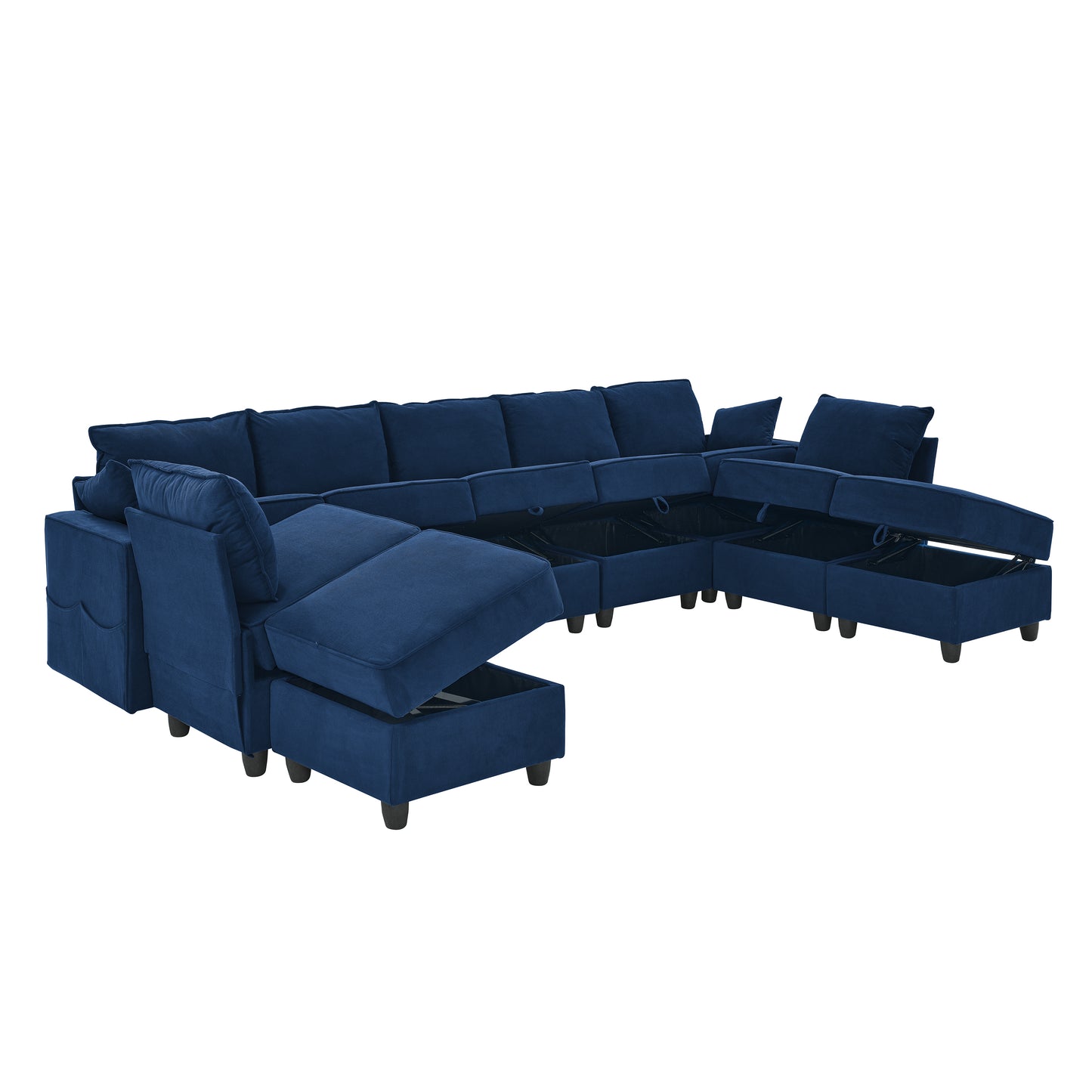 9 Seat Modular Sofa Set with Convertible King Sofa Bed, Storage Sectional Couch, Navy Blue Corduroy Velvet