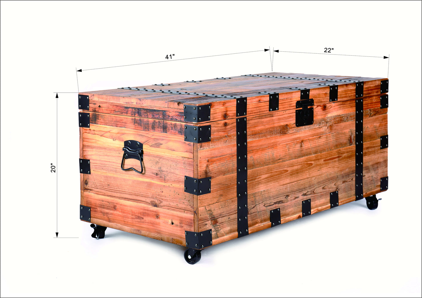 Industrial Charm Trunk Table with Mobility and Abundant Storage Capability, Natural Reclaimed Wood/Black Metal