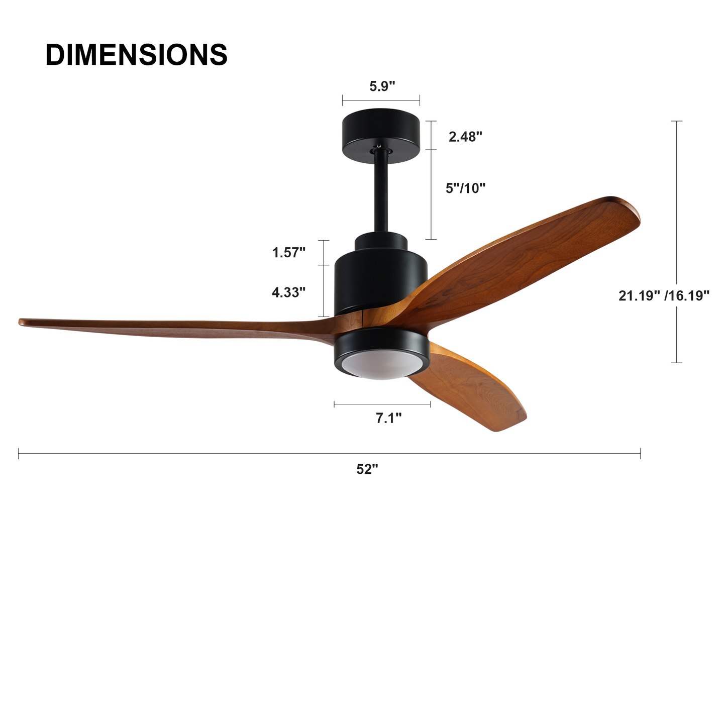 52-inch Elegant Wood Ceiling Fan with Dimmable LED Lights