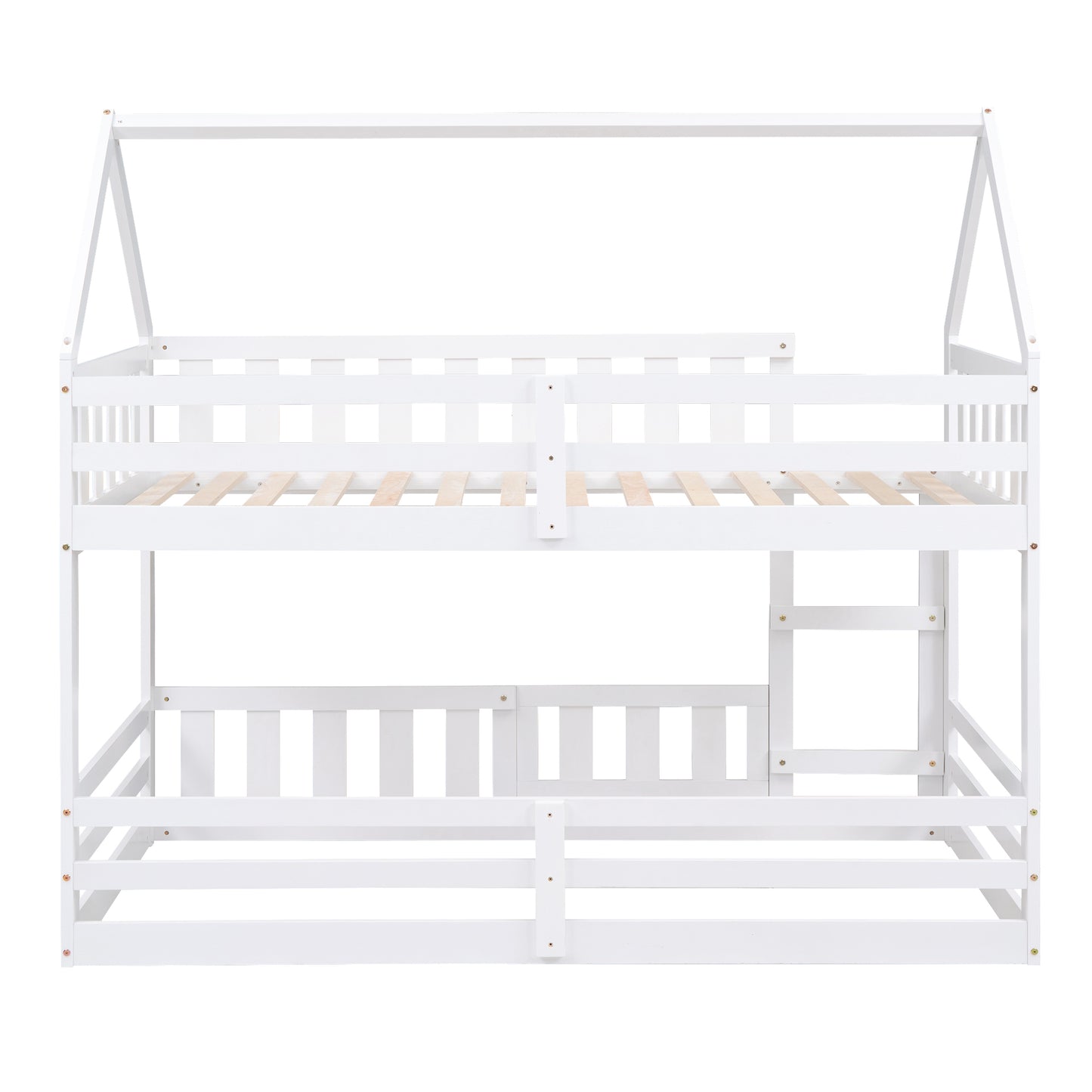 Enchanted White Twin over Twin House Bunk Bed with Playful Fence and Entryway