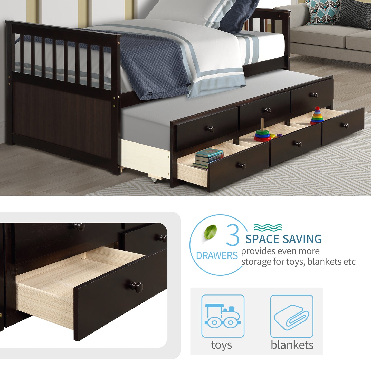 Captain's Bed Twin Daybed with Trundle Bed and Storage Drawers, Espresso