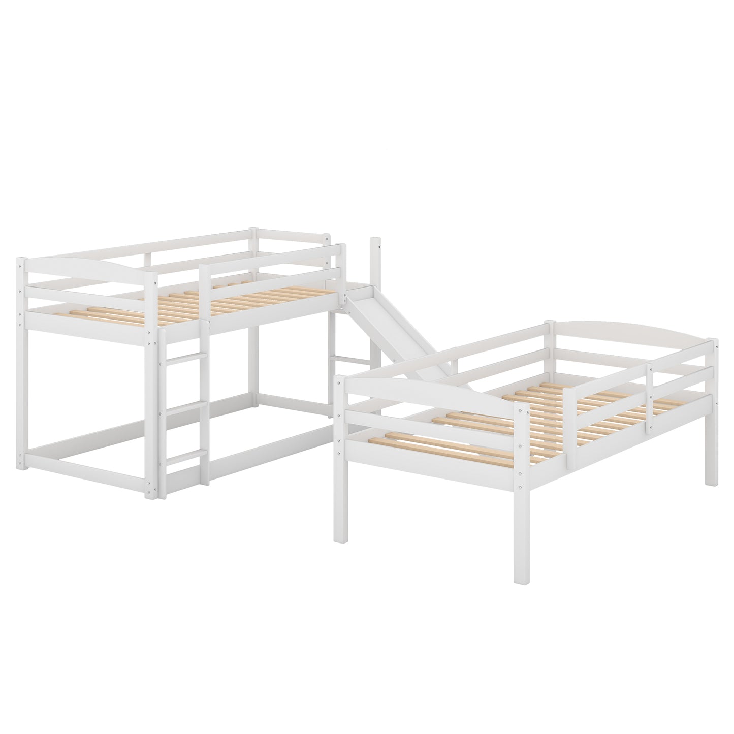 Triple Bunk Bed with Ladder, Slide, and Twin-Twin-Twin Design for White Bedroom Fun