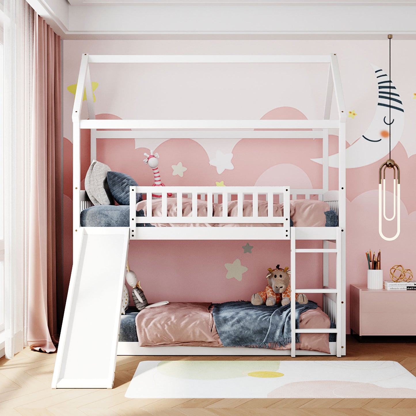 White Twin Over Twin Bunk Bed with Slide for House Design