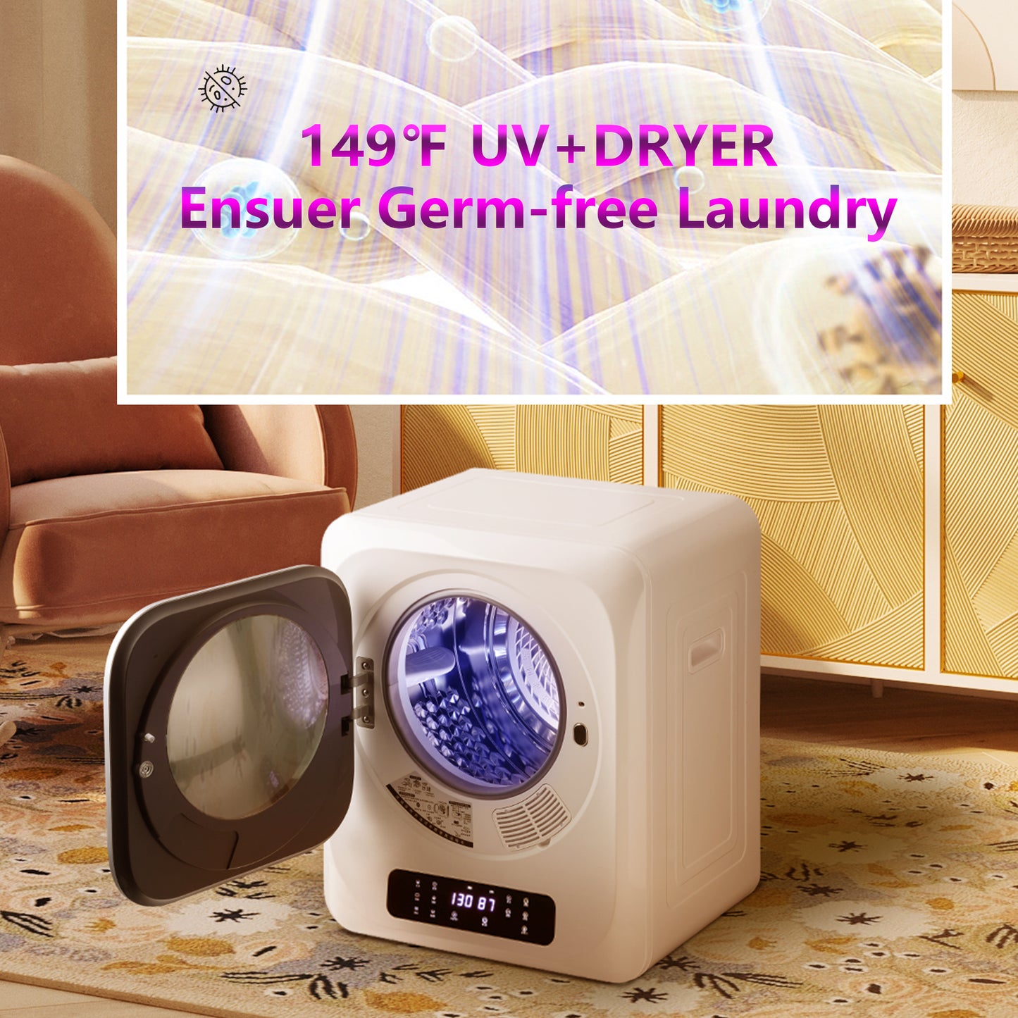 6.6lbs Portable Mini Cloth Dryer Machine FCC Certificate PTC Heating Tumble Dryer Electric Control Panel,White Body with Black Square Door,120V/850W,for Home/Apartment/Dorms,UV Sterilizaiton