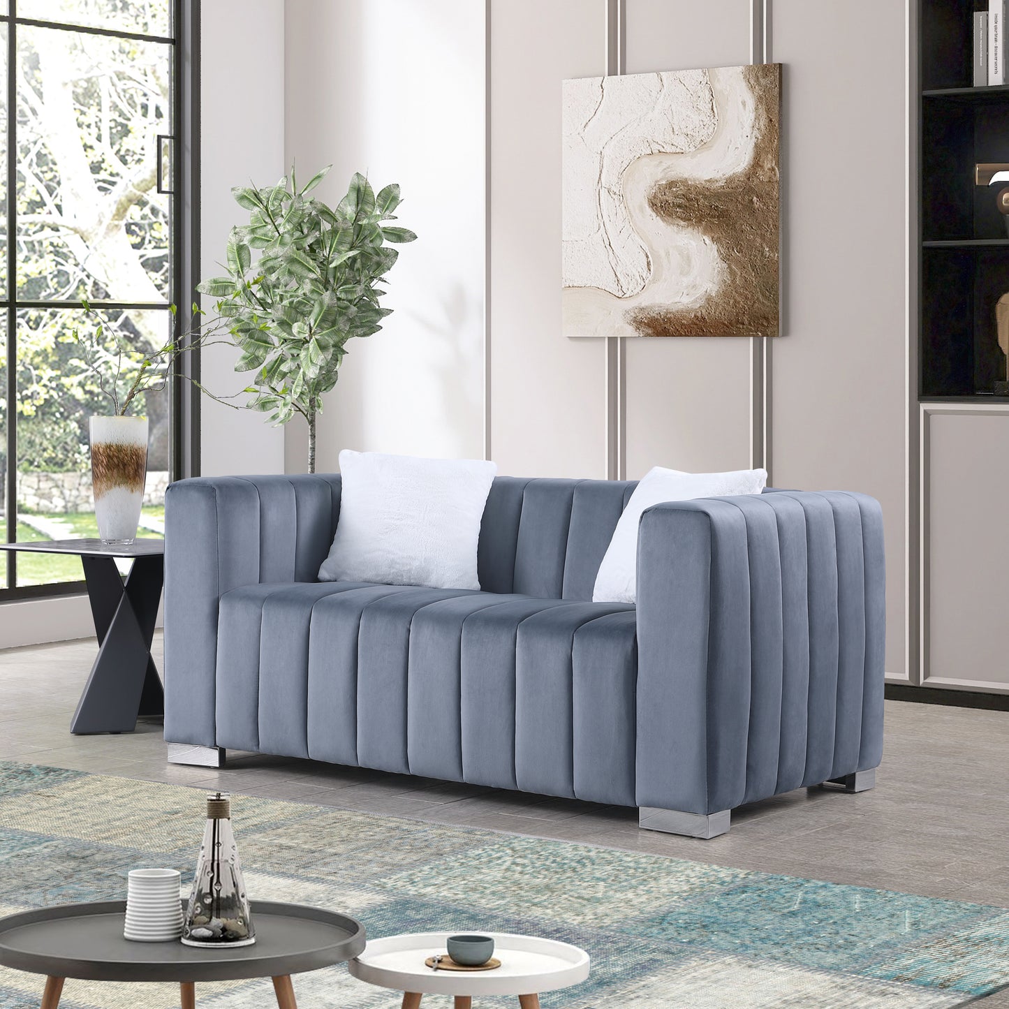 A modern  channel sofa  take on a traditional Chesterfield,Grey color,loveseater