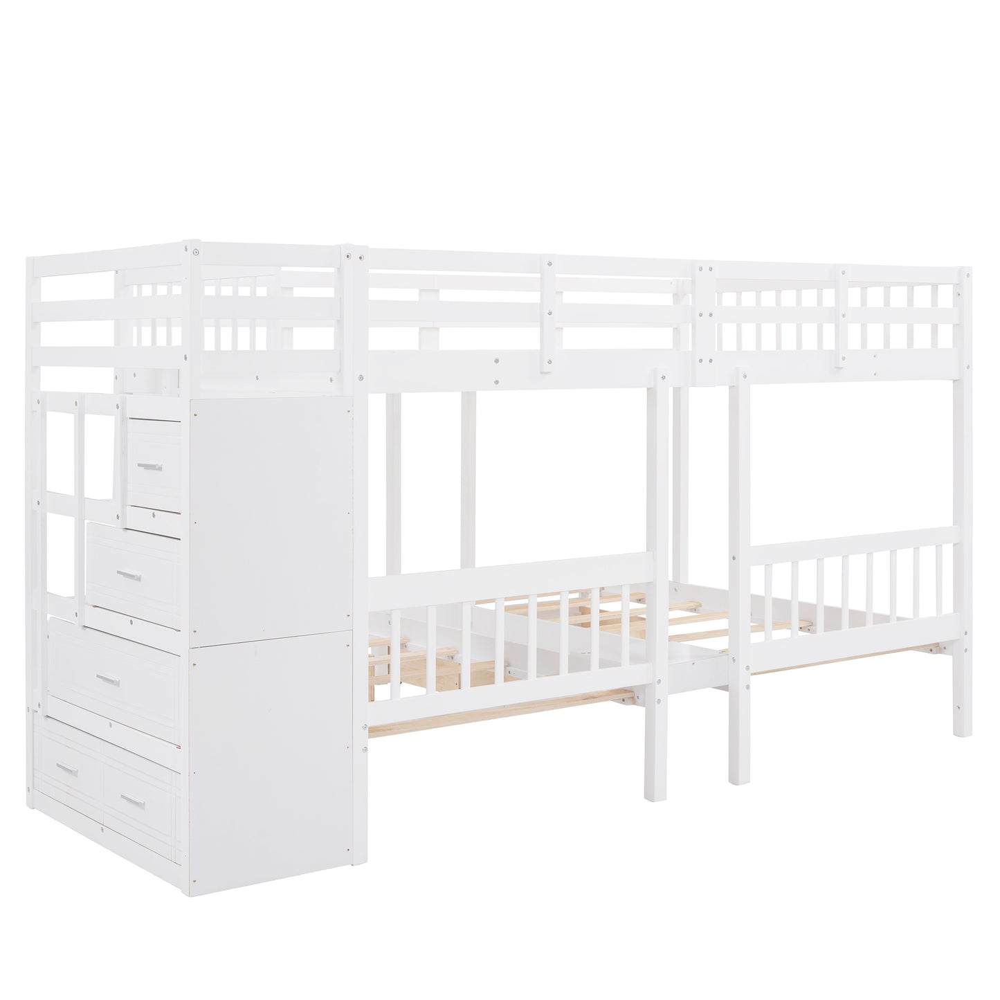 Three-Level Wooden Bunk Bed with Drawers, Full Over Twin & Twin Bunk Bed with Guardrails (White)