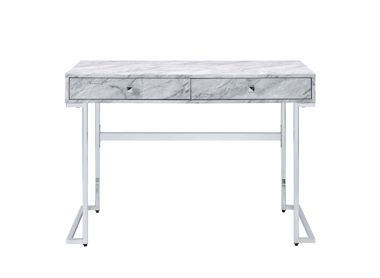 Sleek White Faux Marble Writing Desk with Chrome Frame