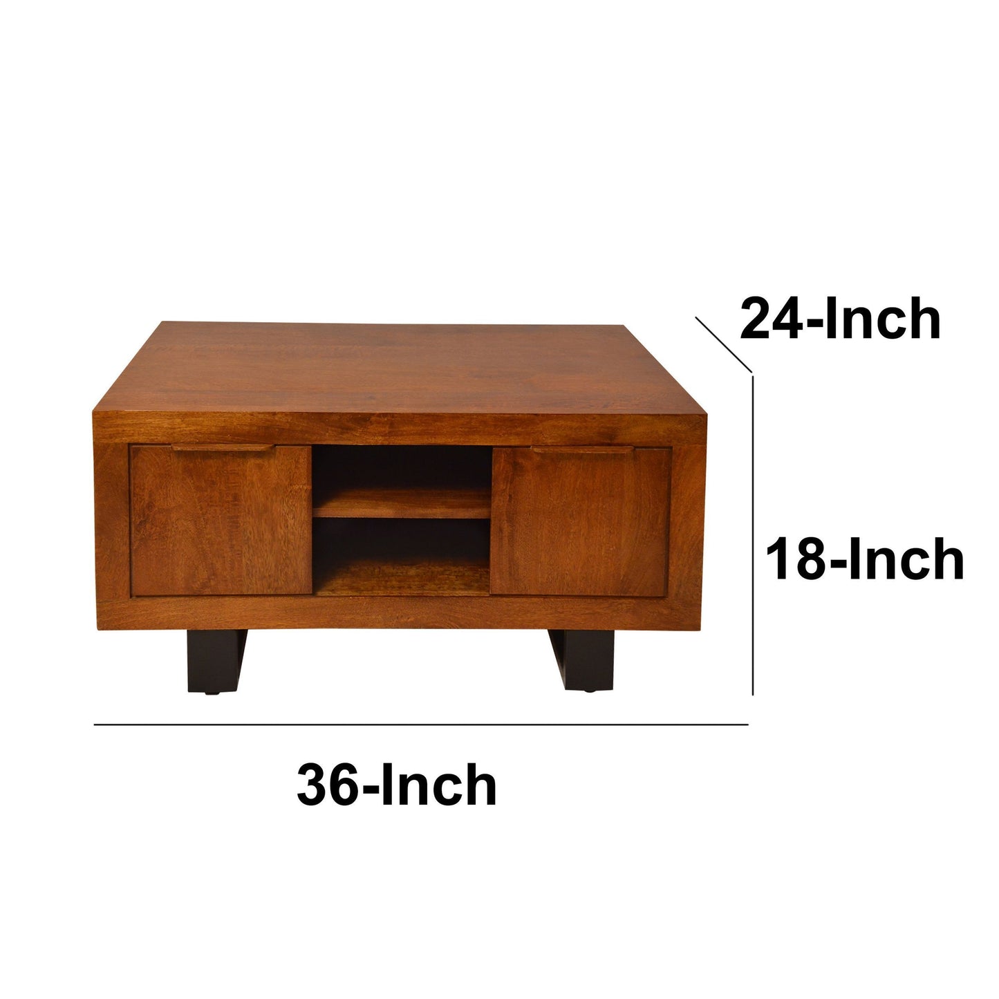 36 Inch Stylish Industrial Wooden Coffee Table with Open Storage Compartments and Sleek Base, Brown