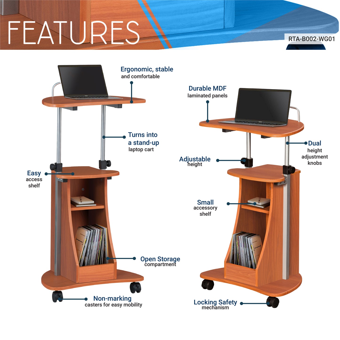 Adjustable Height Laptop Cart With Woodgrain Finish and Storage Stand