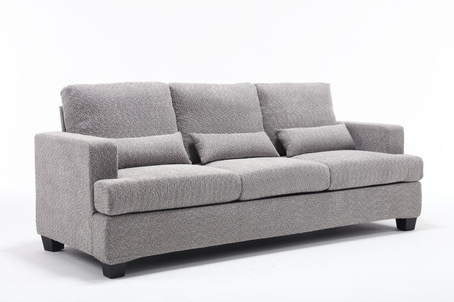 Modern 3-Seater White and Gray Fabric Sofa with Square Armrest and Waist Pillows