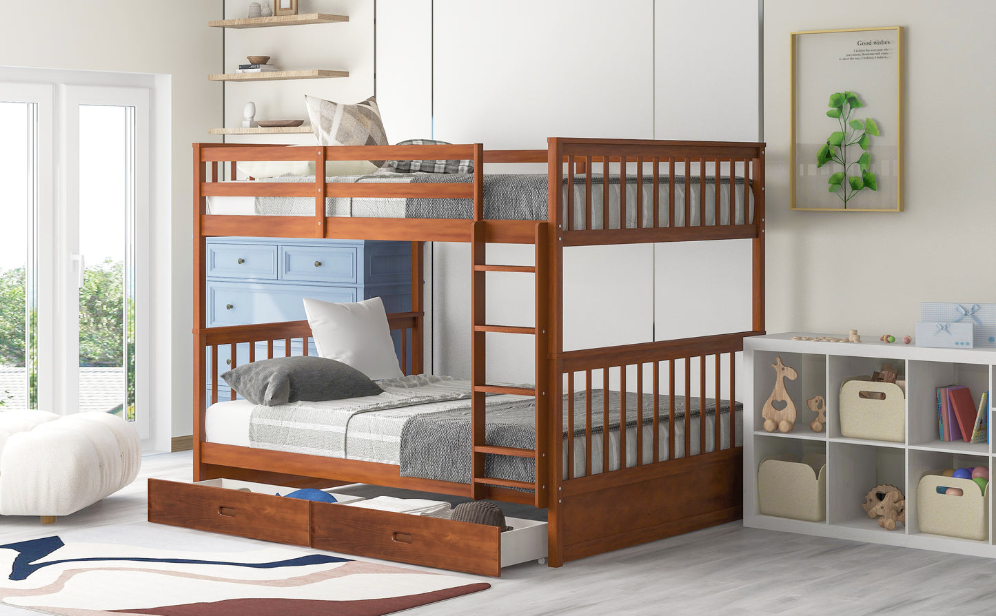 Full-Over-Full Walnut Bunk Bed with Two Storage Drawers and Ladder