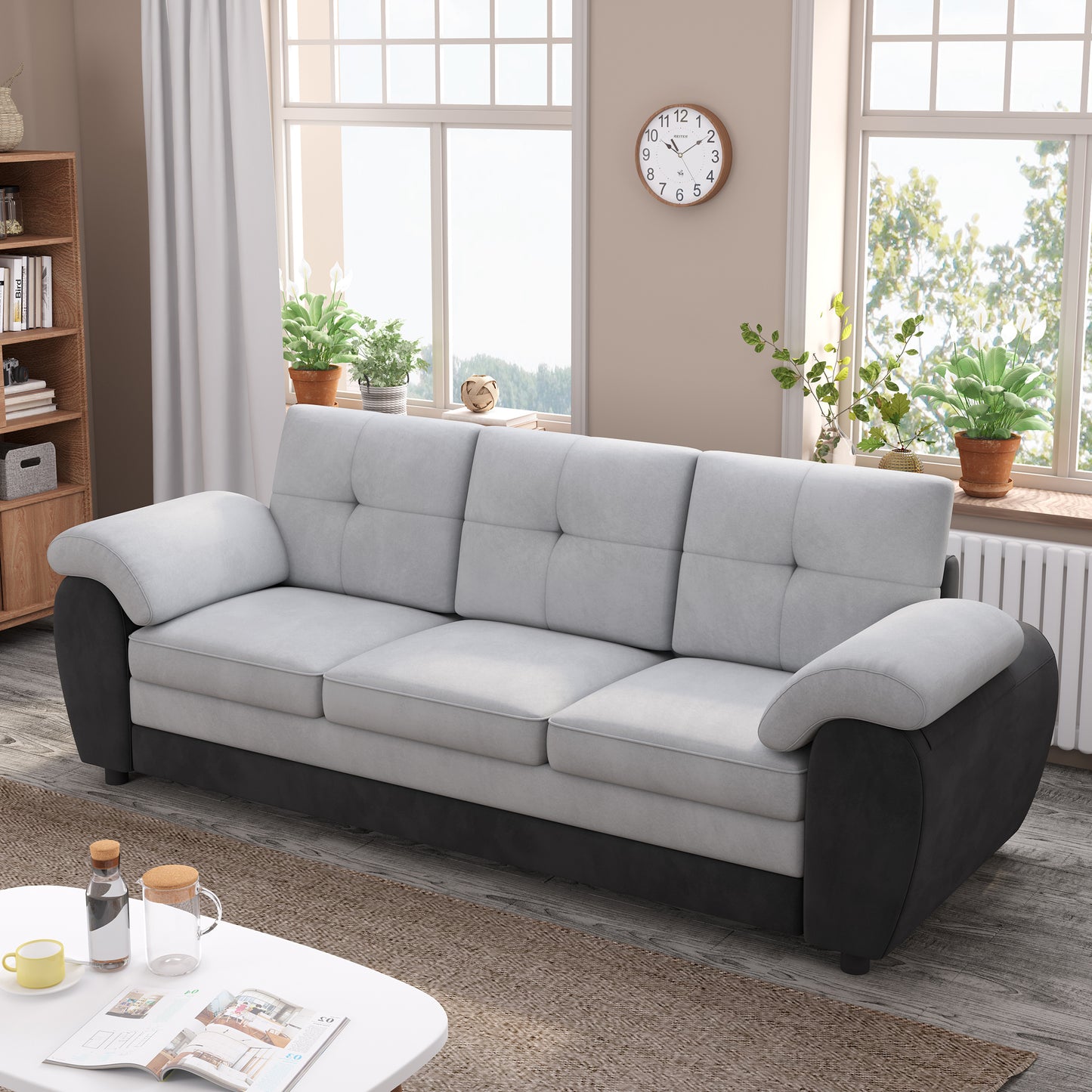 81.9 Inch Large Three-Seat Sofa, Modern Upholstered in Black Leather and Light Gray Velvet