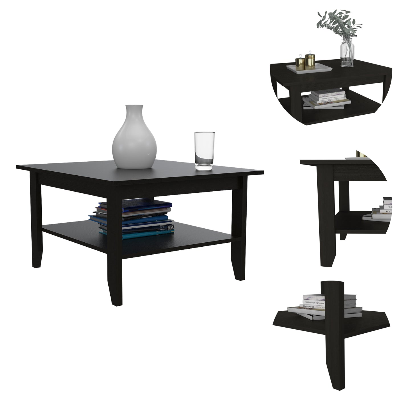 Sleek Black Coffee Table with One Shelf and Four Legs