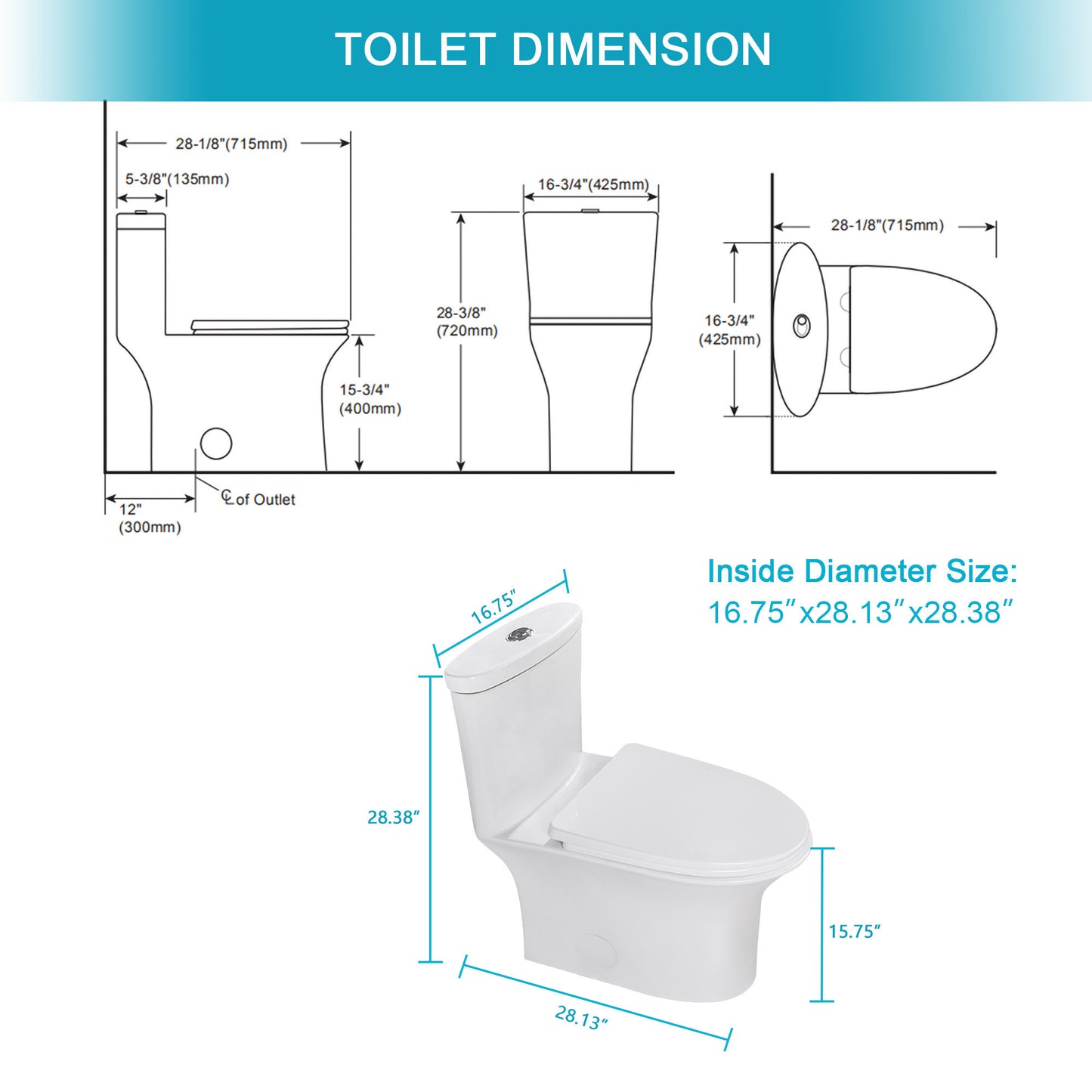 Ceramic One Piece Toilet,Dual Flush with Soft Clsoing Seat