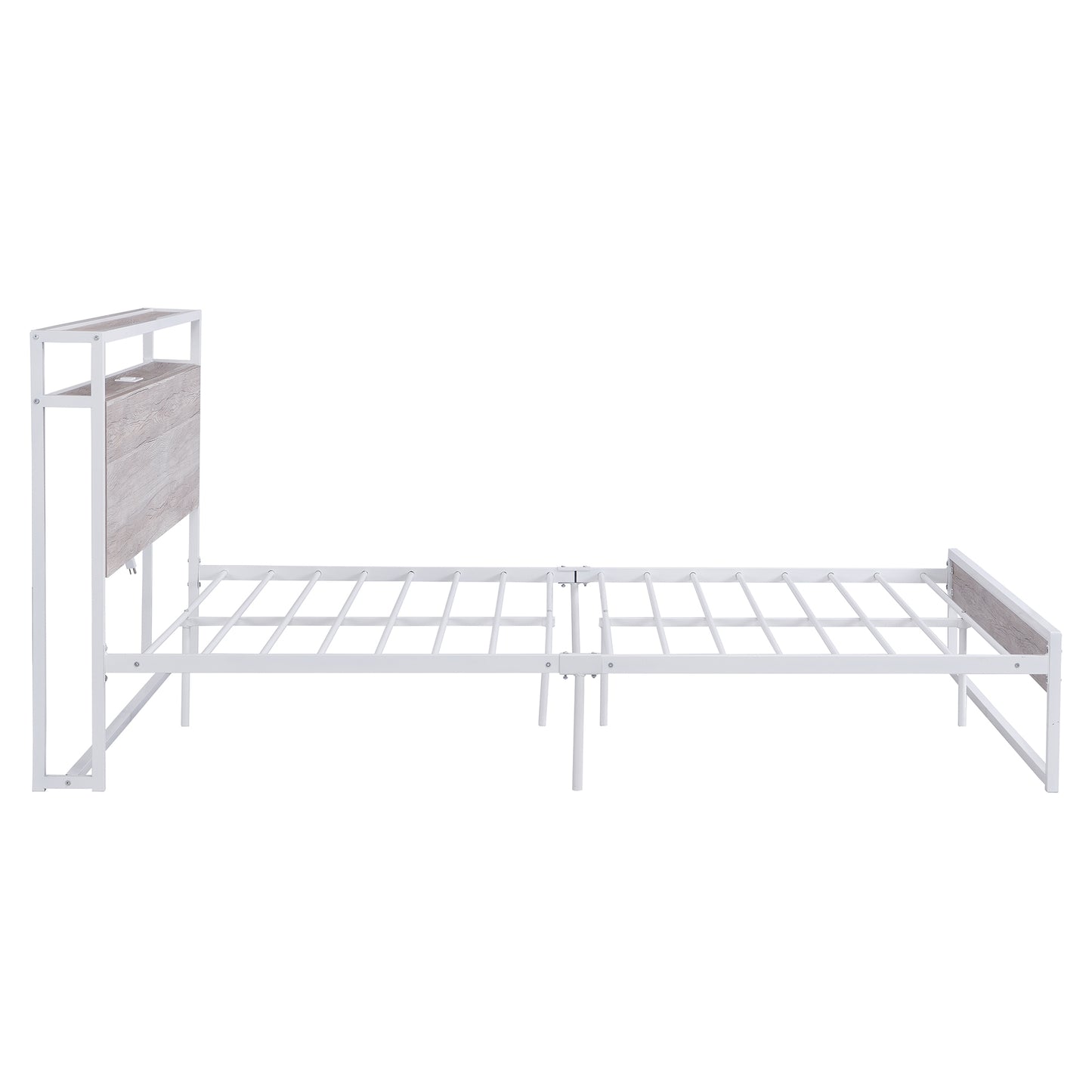 Queen Size Metal Platform Bed Frame with Sockets, USB Ports and Slat Support ,No Box Spring Needed White