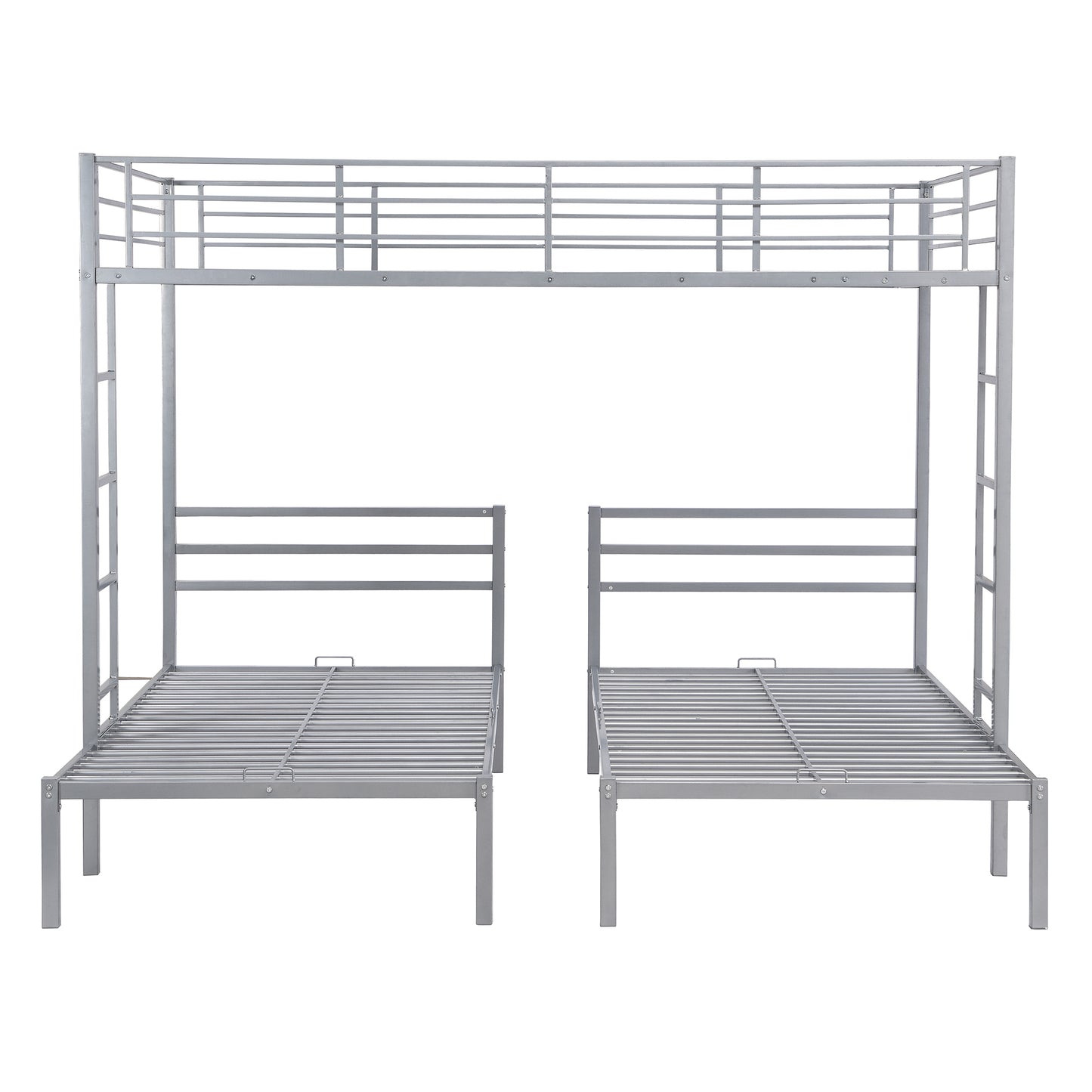 Space-Saving Silver Metal Triple Bunk Bed with Storage Shelf - Full over Twin & Twin Size