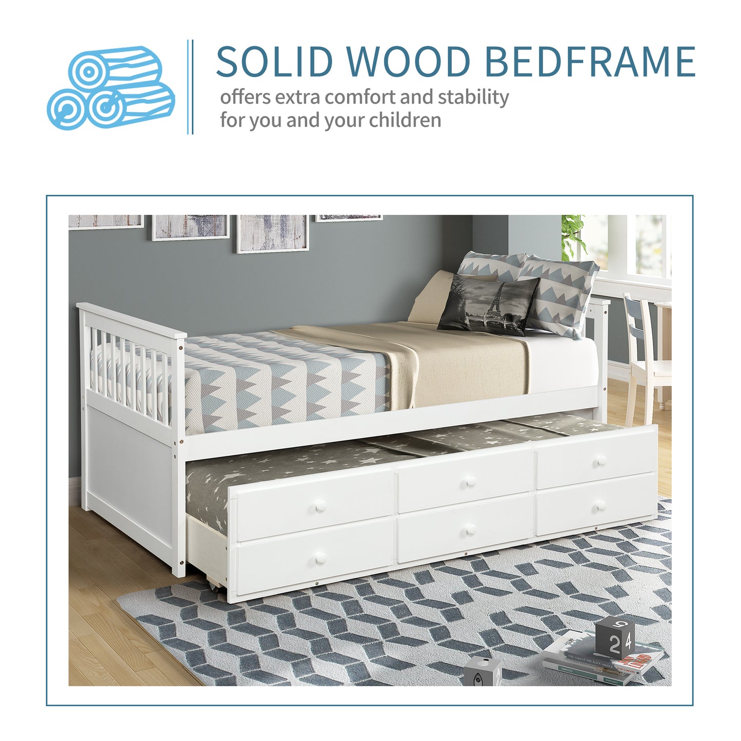 Captain's Bed Twin Daybed with Trundle Bed and Storage Drawers, White