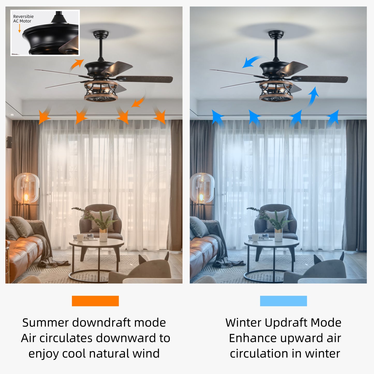 Farmhouse Ceiling Fan with Reversible Airflow, Remote Control, and Caged Light Fixture