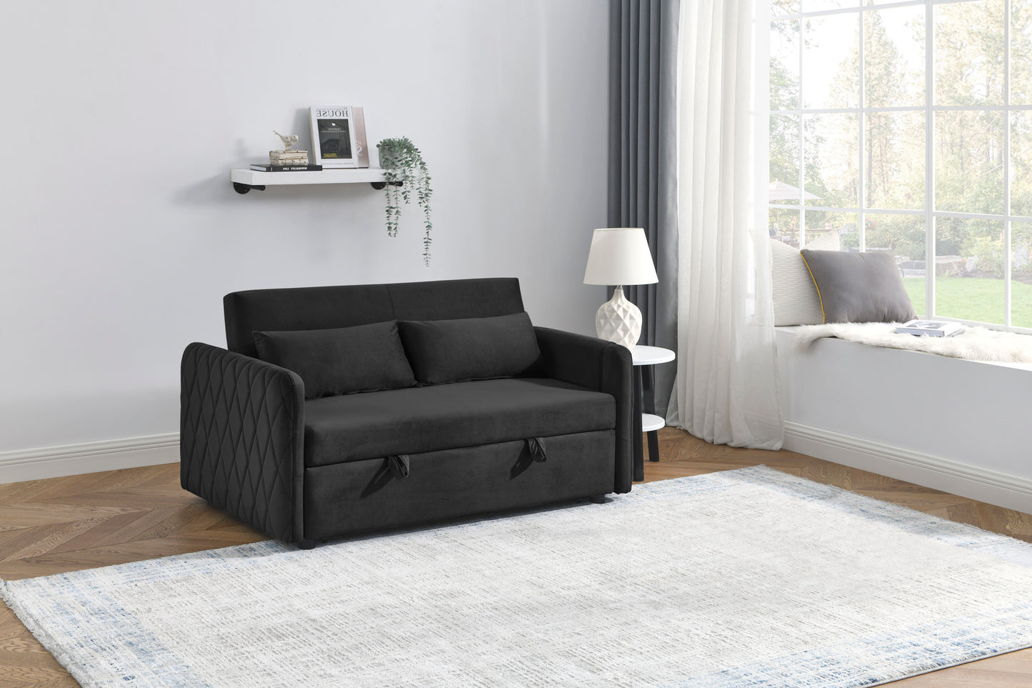 55 Modern Velvet Convertible Sofa Bed with Adjustable Backrest and Detachable Arm Pockets