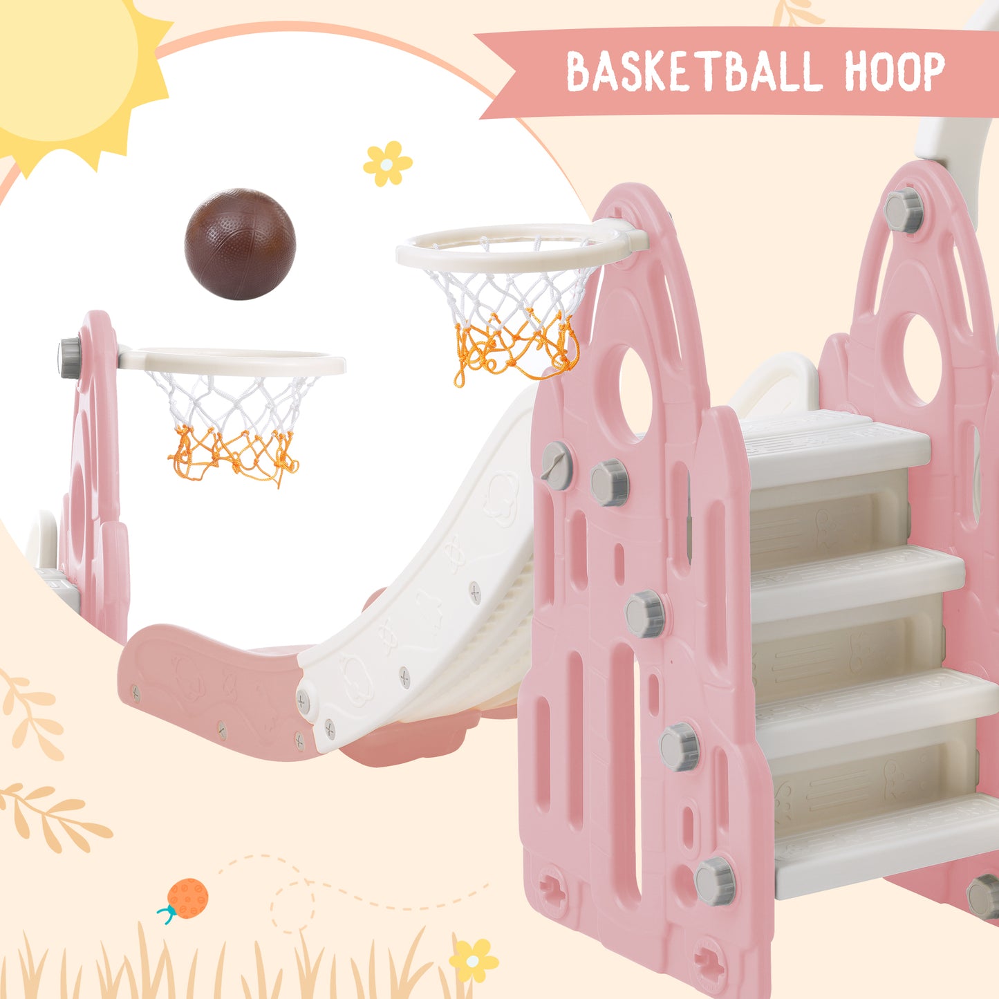 Rocket Theme 4 in 1 Toddler Slide and Swing Set with Basketball Hoop