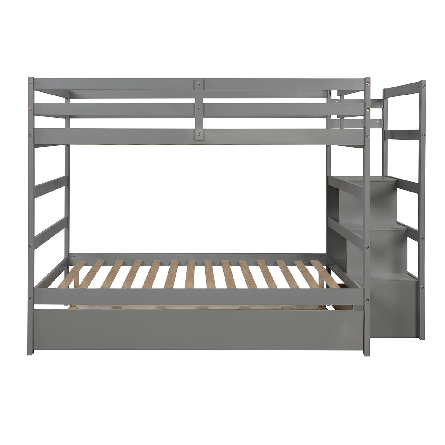 Stairway Full-Over-Full Bunk Bed with Twin Size Trundle and Drawer in Gray