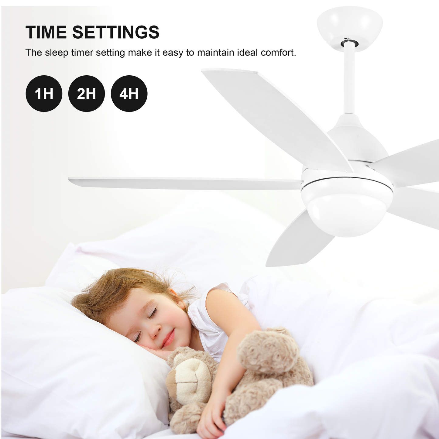 52 Inch Elegant White Ceiling Fan with Remote Control and Dimmable LED Lights