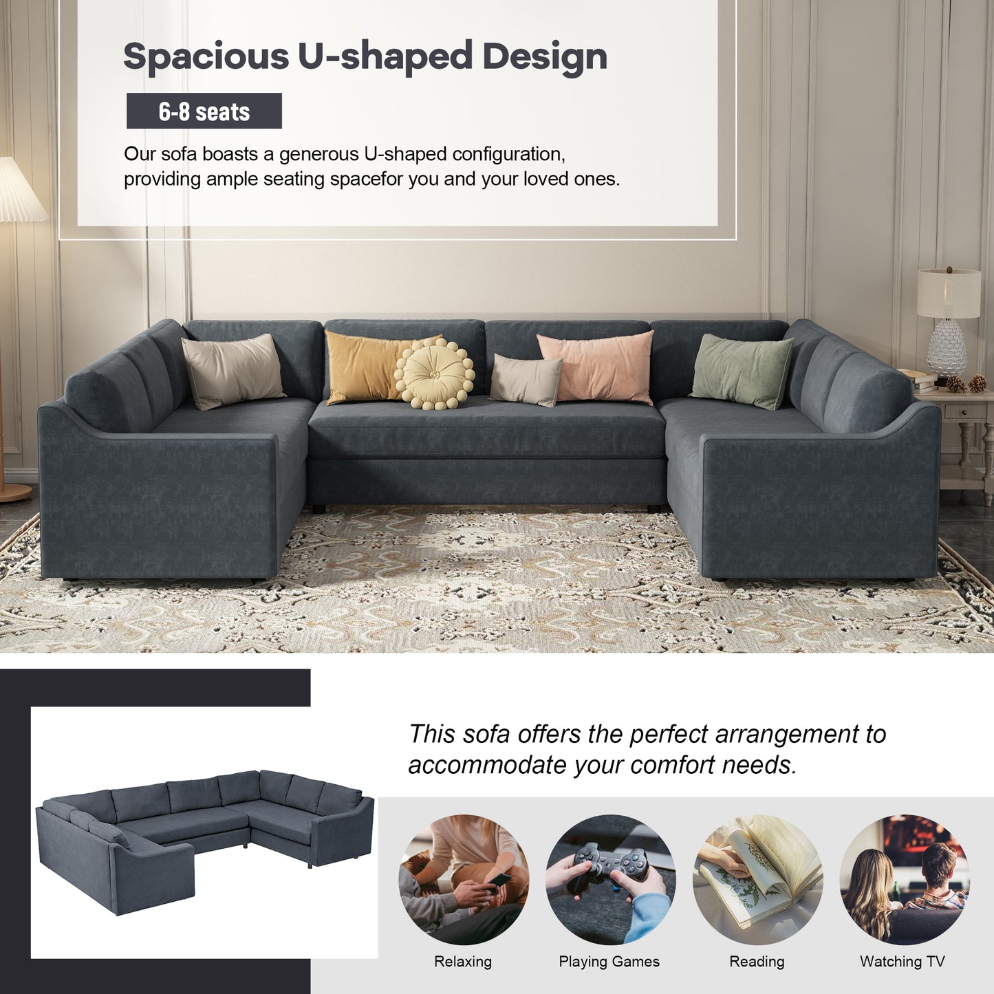 U_Style 3 Pieces Upholstered U-Shaped Large Sectional Sofa with Thick Seat and Back cushions