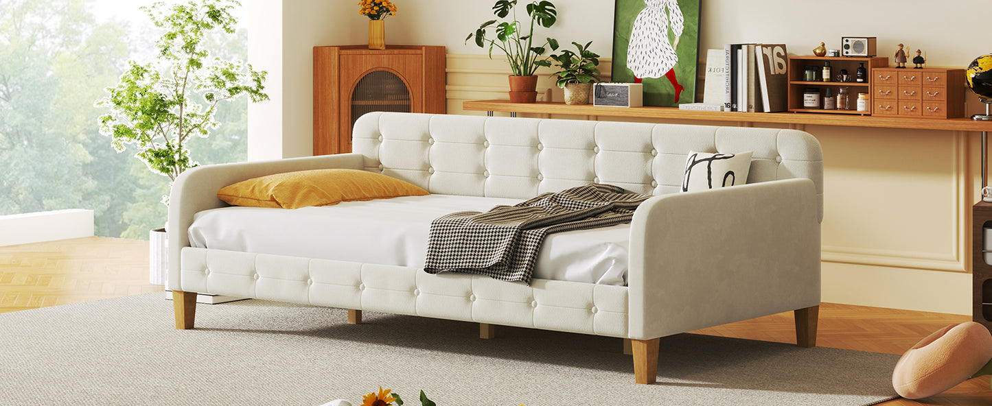 Twin Size Upholstered Daybed with 4 Support Legs, White