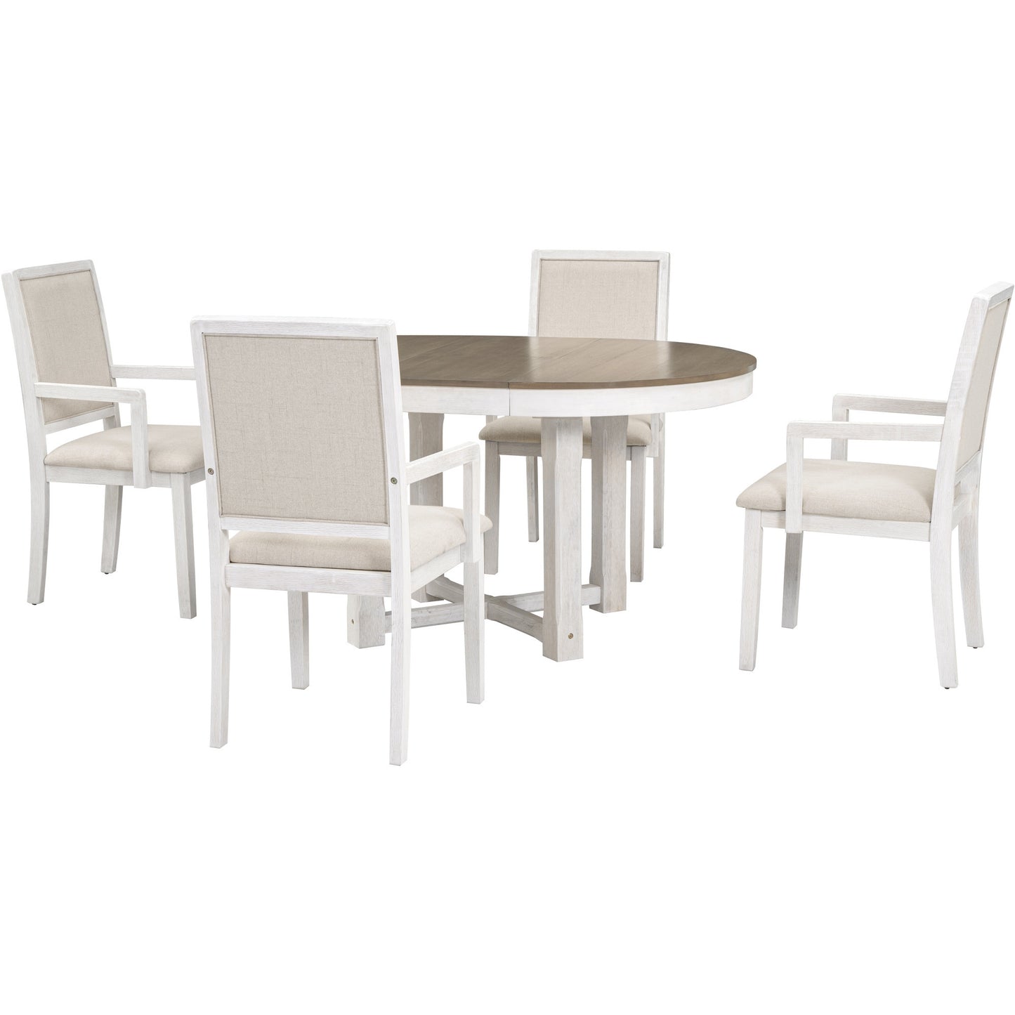 TREXM 5-Piece Dining Table Set, Two-Size Round To Oval Extendable Butterfly Leaf Wood Dining Table and 4 Upholstered Dining Chairs with Armrests (Brown+White)