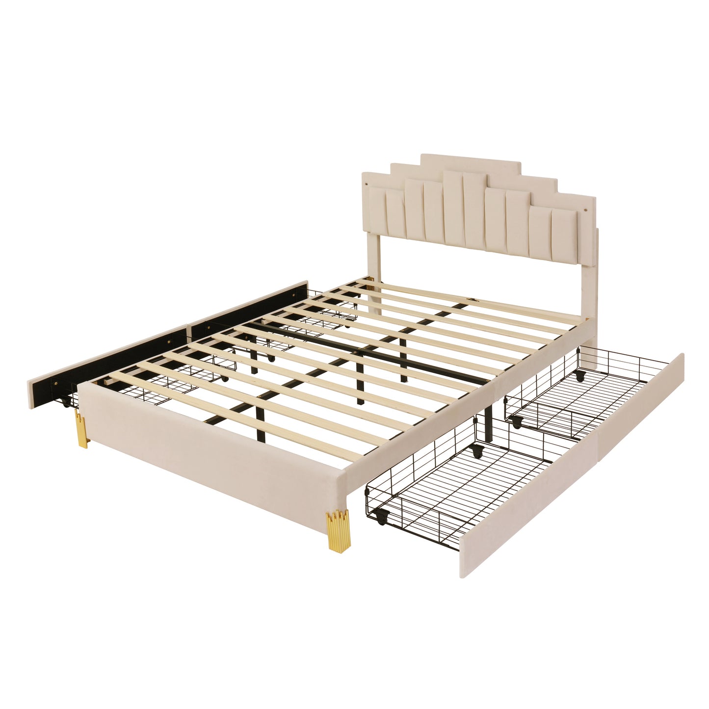 Queen Size Upholstered Platform Bed with LED Lights and 4 Drawers, Stylish Irregular Metal Bed Legs Design, Beige