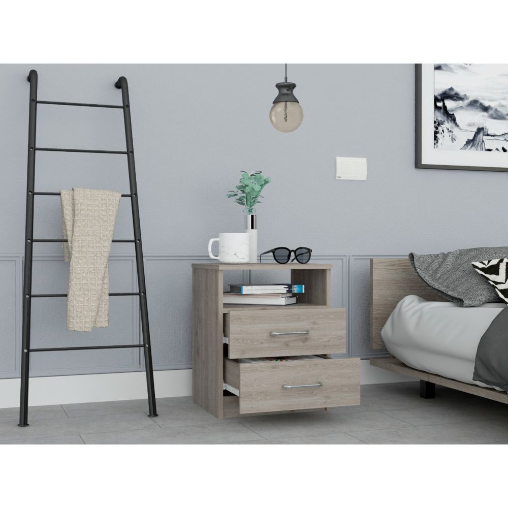 Napoles Nightstand, Superior Top, Two Drawers, One Shelf -Light Gray