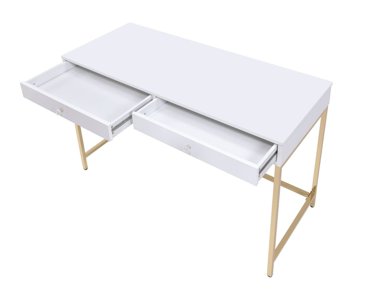 Elegant White High Gloss Office Desk with Gold Metal Accents and Storage