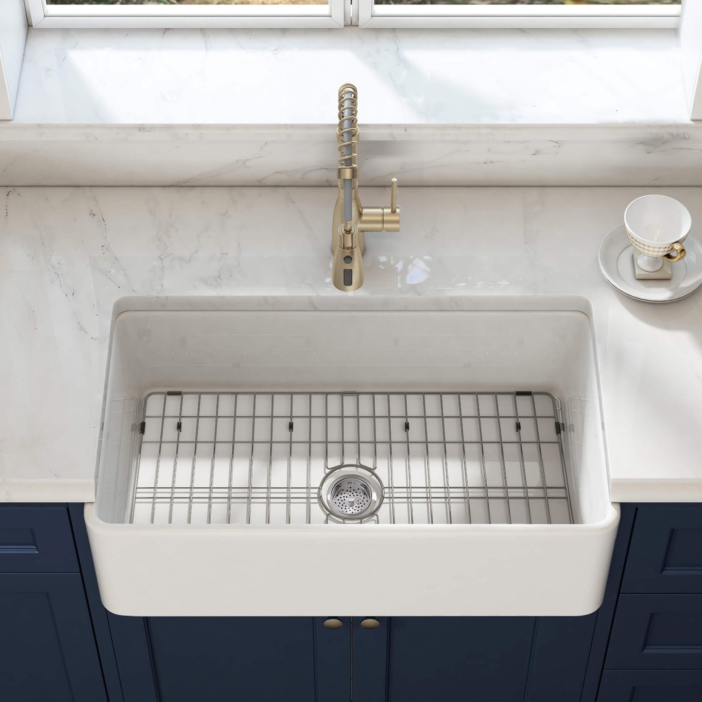 36 Inch Glossy White Fireclay Farmhouse Kitchen Sink with Bottom Grid and Drain