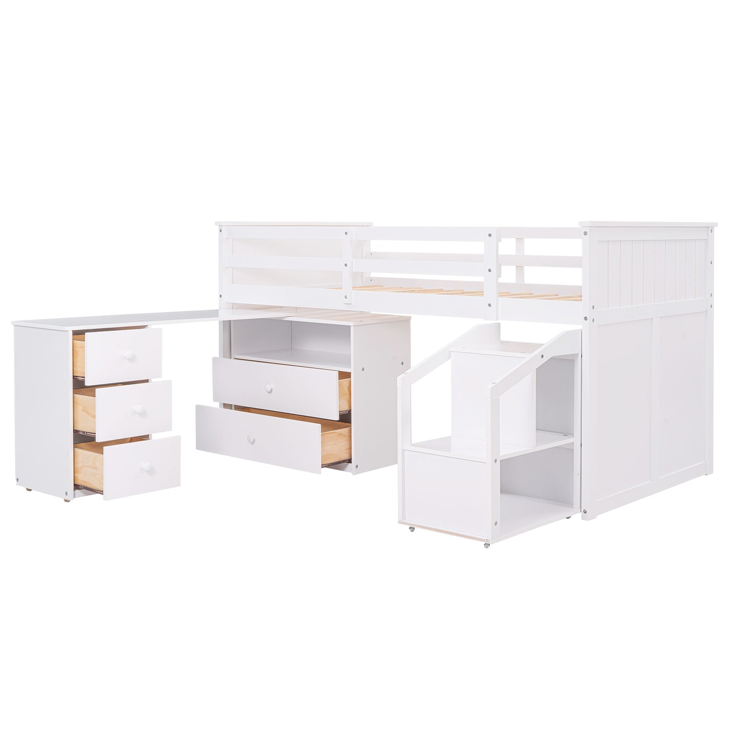 Loft Bed Low Study Twin Size Loft Bed With Storage Steps and Portable,Desk,White(: LT000101AAK)