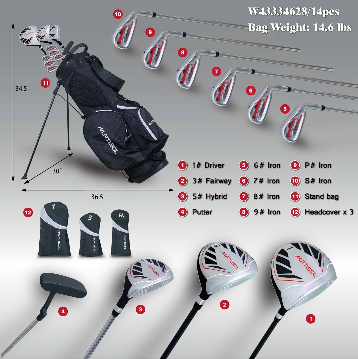 RH MEN Adult 14-Piece Golf Club Set for Men, Black and Red, Steel Construction