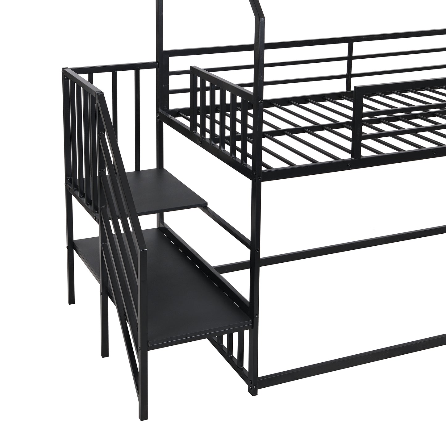 Kids Black Metal Twin Bunk Bed House with Slide and Storage Staircase