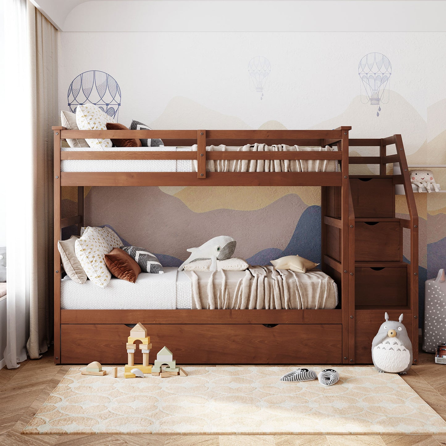 Elegant Walnut Finish Twin Bunk Bed with Trundle, Stairs, and Storage