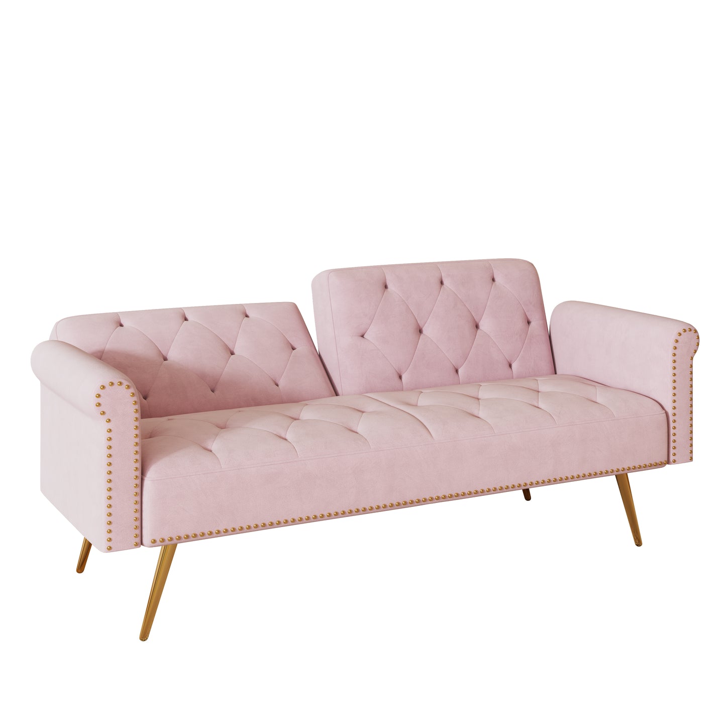 69.7 Elegant Pink Velvet Sofa Bed with Nail Head Accents and Throw Pillow