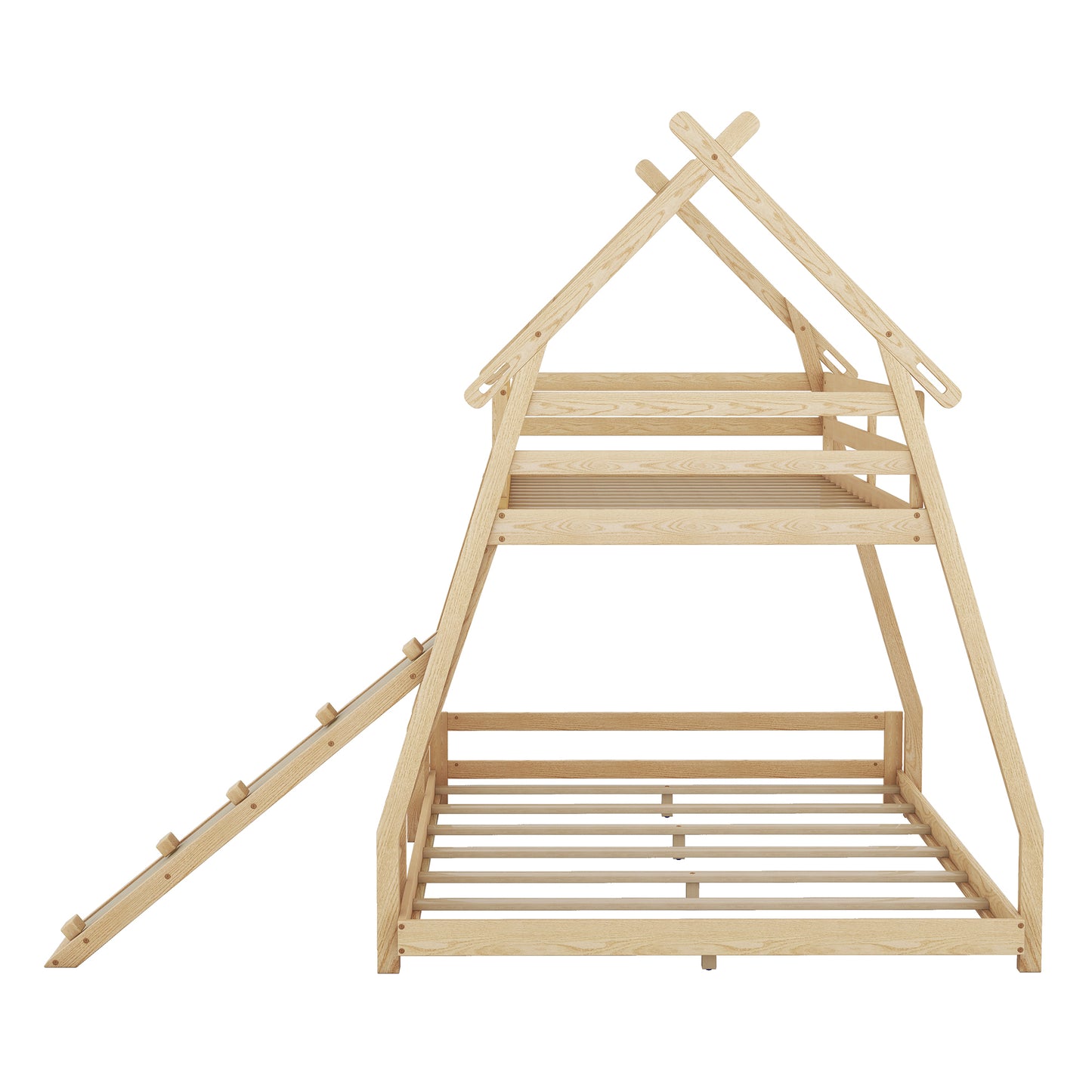 House Bunk Bed with Climbing Nets and Climbing Ramp for Twin and Queen Size, Natural