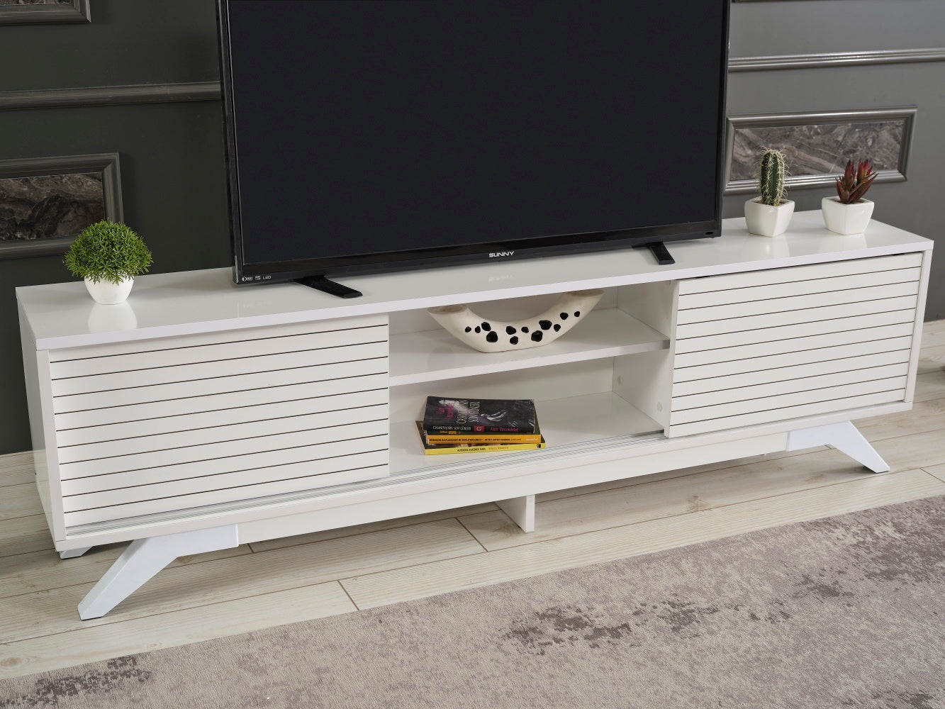 Luxia Mid Century Modern TV Stand with Storage Cabinets and Shelves in White