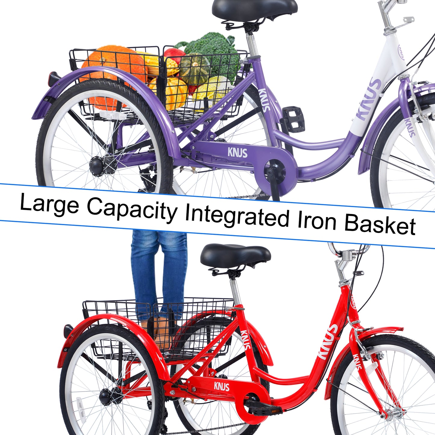 Adult Tricycle Trikes,3-Wheel Bikes,24 Inch Wheels 7 Speed Cruiser Bicycles with Large Shopping Basket for Women and Men