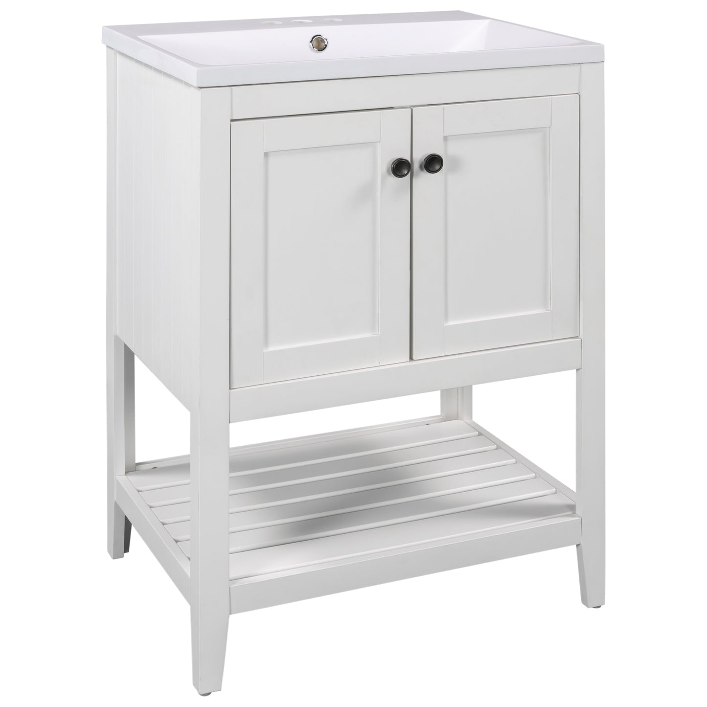 24" White Modern Sleek Bathroom Vanity Elegant Ceramic Sink with Solid Wood Frame Open Style Shelf