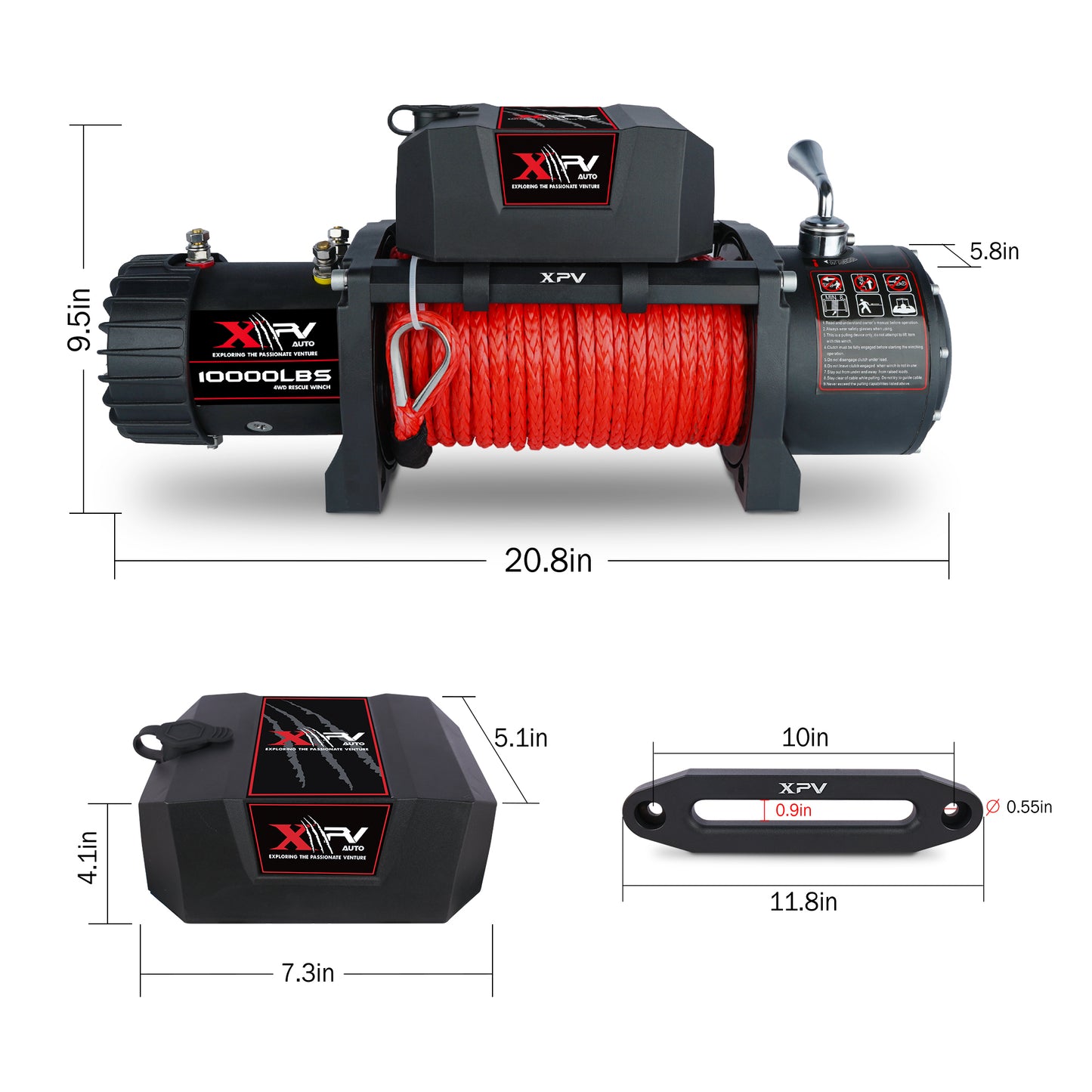 Electric Winch 10000 LBS 12V Synthetic Rope Load Capacity Red Rope Jeep Towing Truck Off Road