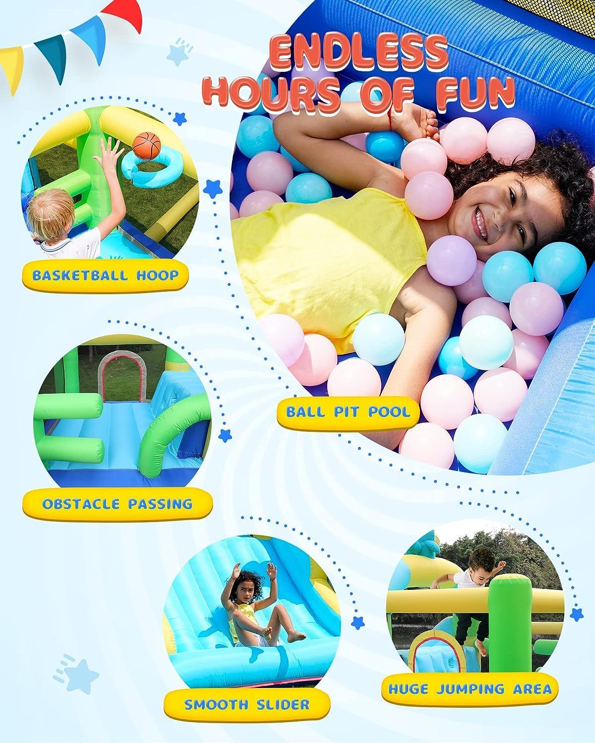 Inflatable Animal Castle Bounce House with Wide Slide and Ball Pool