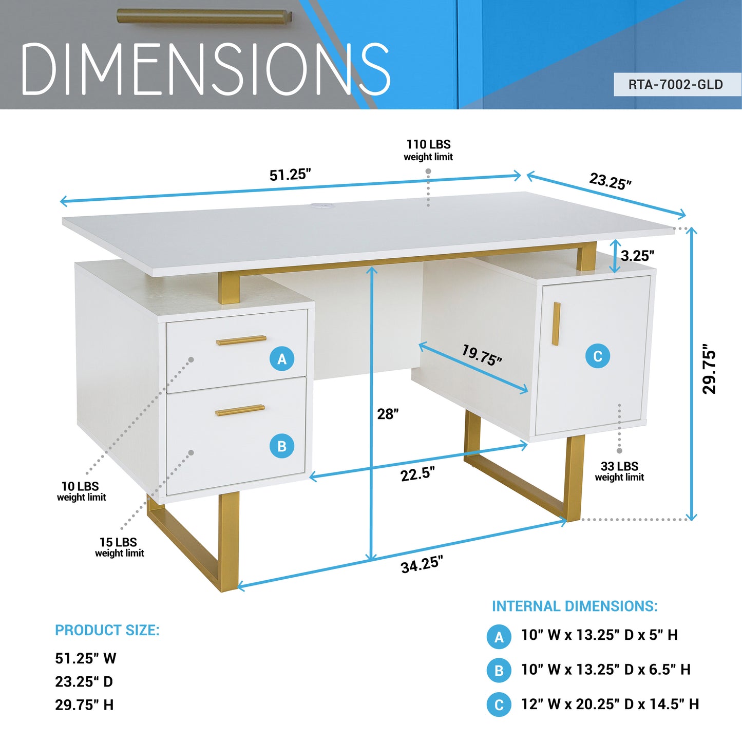 White and Gold Desk with Drawers & Storage, 51.25 Wide