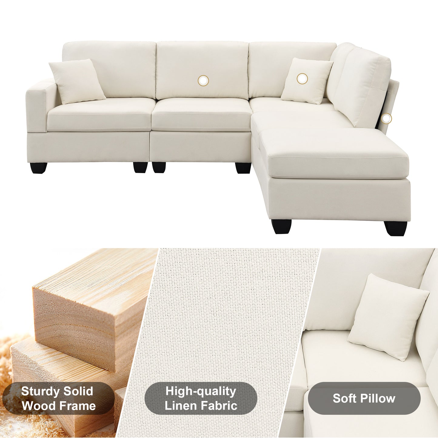 Contemporary 5-Seat L-Shaped Linen Sectional Sofa Set with Convertible Ottoman