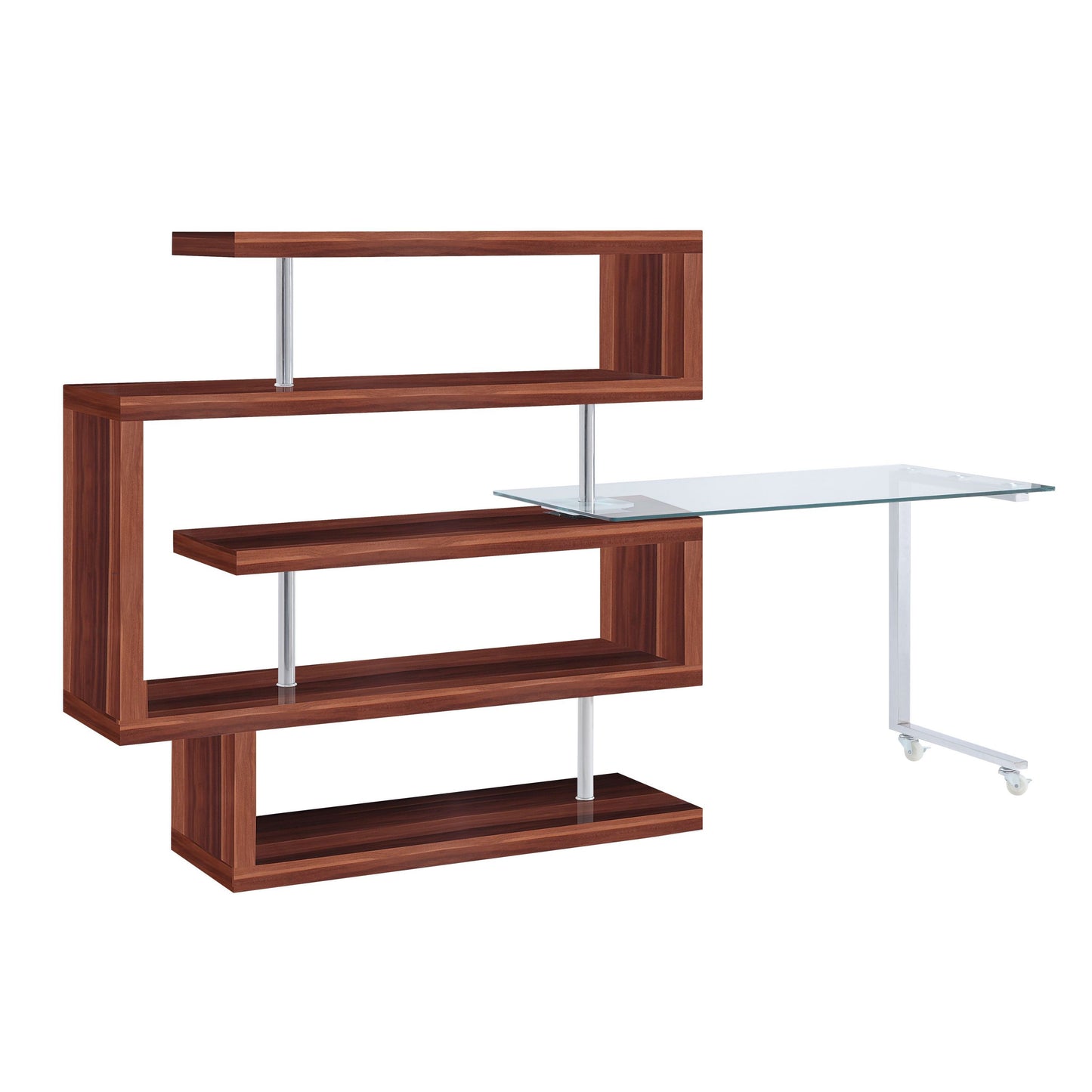 Modern Glass Top Writing Desk with Swivel Shelf and Walnut Finish