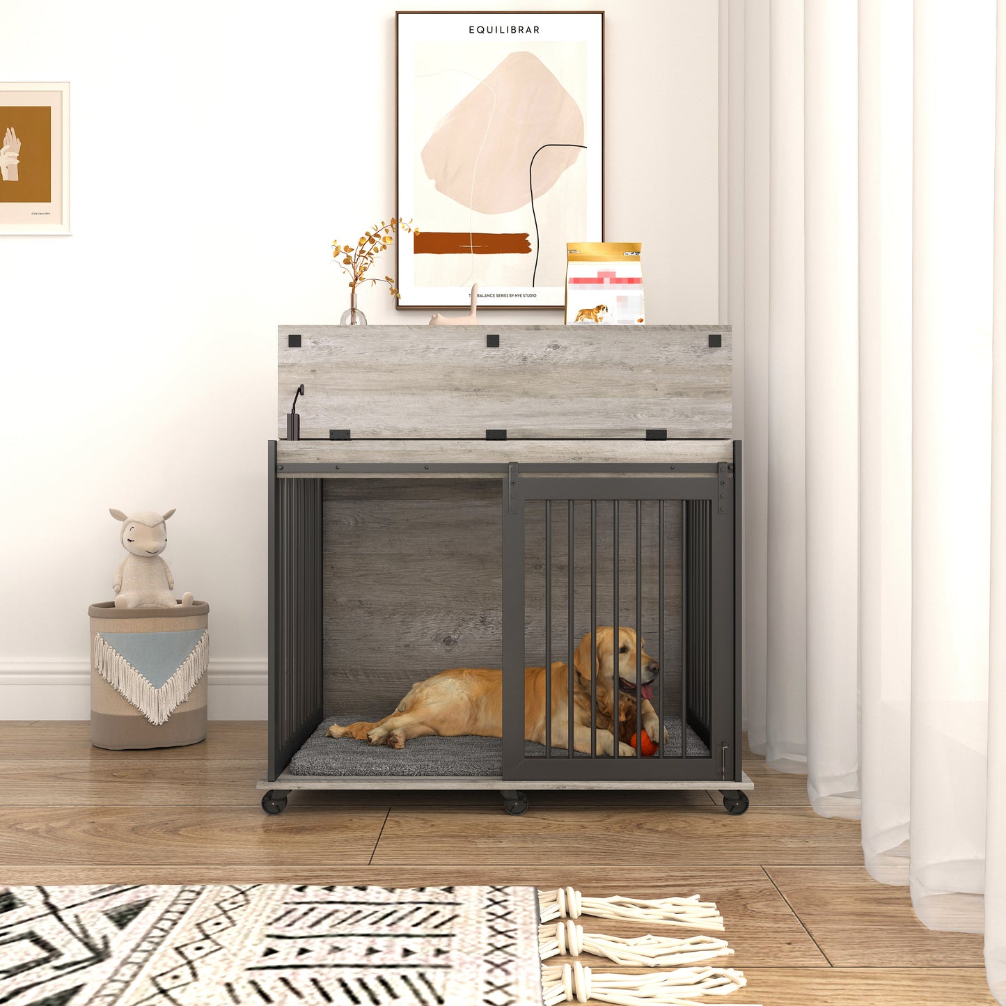 Furniture type dog cage iron frame door with cabinet, top can be opened and closed. Grey, 43.7'' W  x 29.9'' D  x 42.2'' H